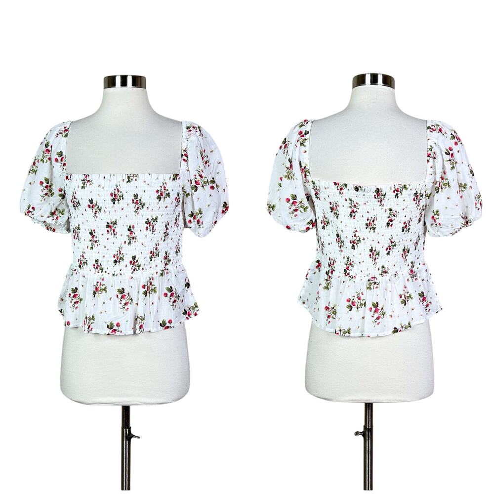 NEW J. Crew | Strawberry Floral White Cotton Puff Sleeve Smocked Peplum Top M